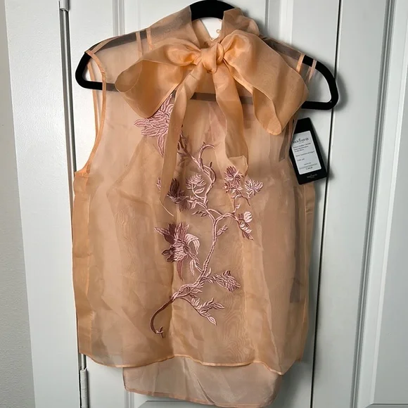 RICH RADI Q'S NEW YORK Silk Peach Embroidered Tie-Neck Blouse Size Medium - Picture 2 of 8